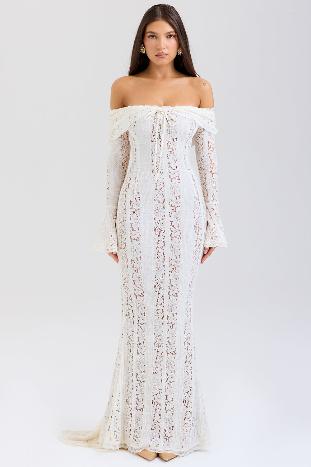 Lace Solid Off-Shoulder Maxi Dress