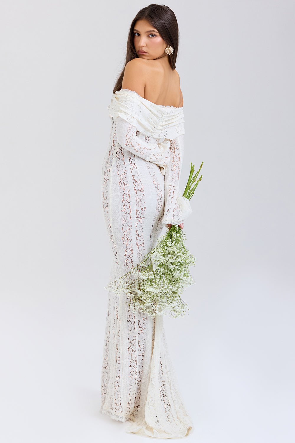 Lace Solid Off-Shoulder Maxi Dress