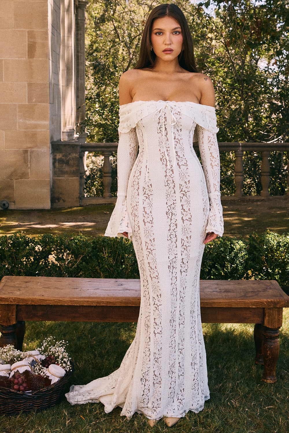 Lace Solid Off-Shoulder Maxi Dress