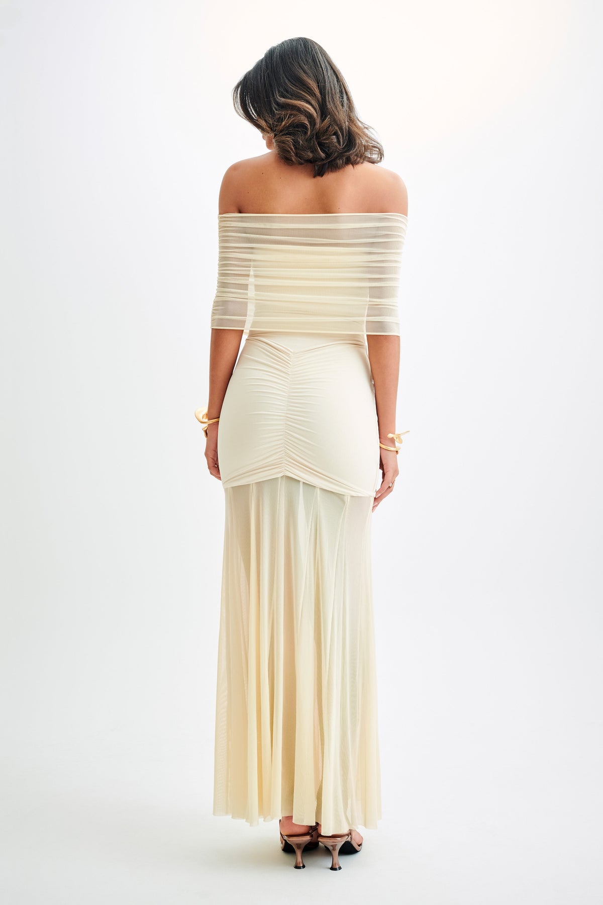 Solid Mesh Off-Shoulder Midi Dress
