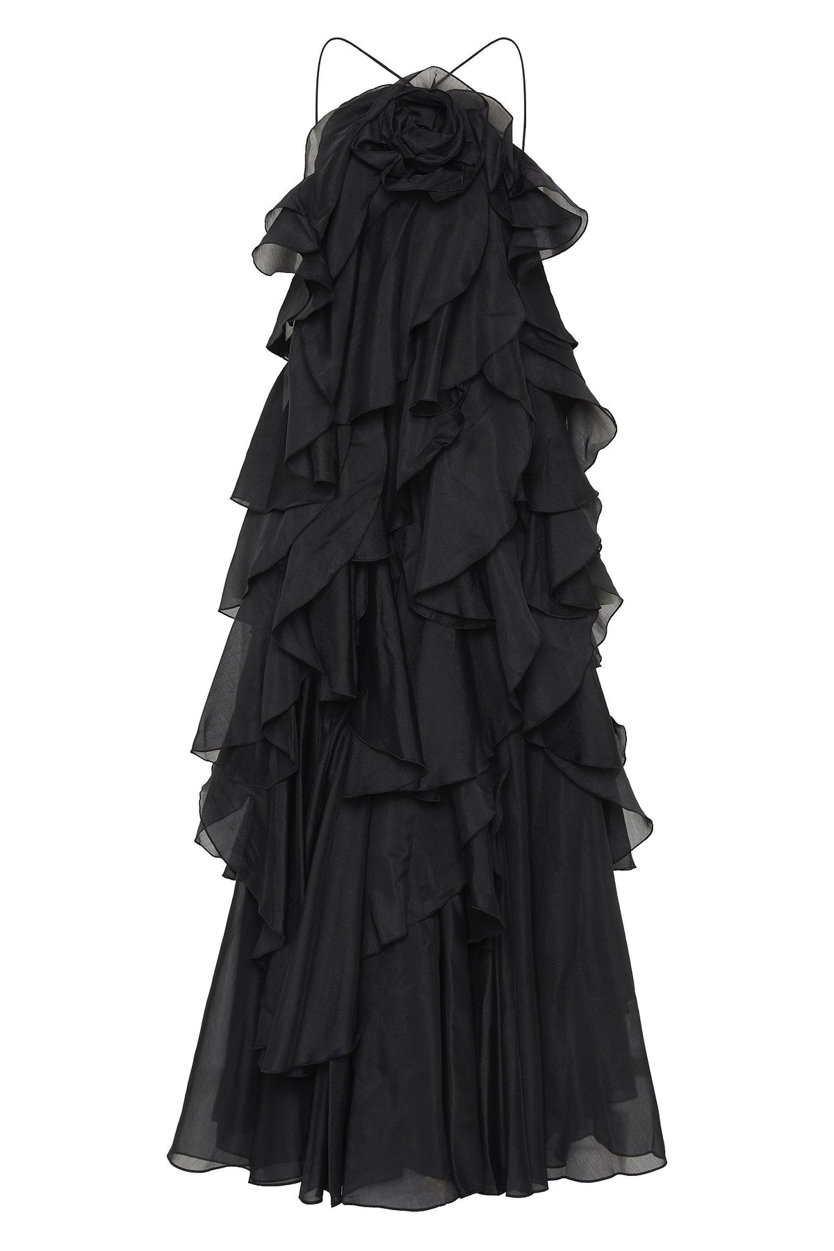 3D Flower Halter Neck Frill Maxi Dress