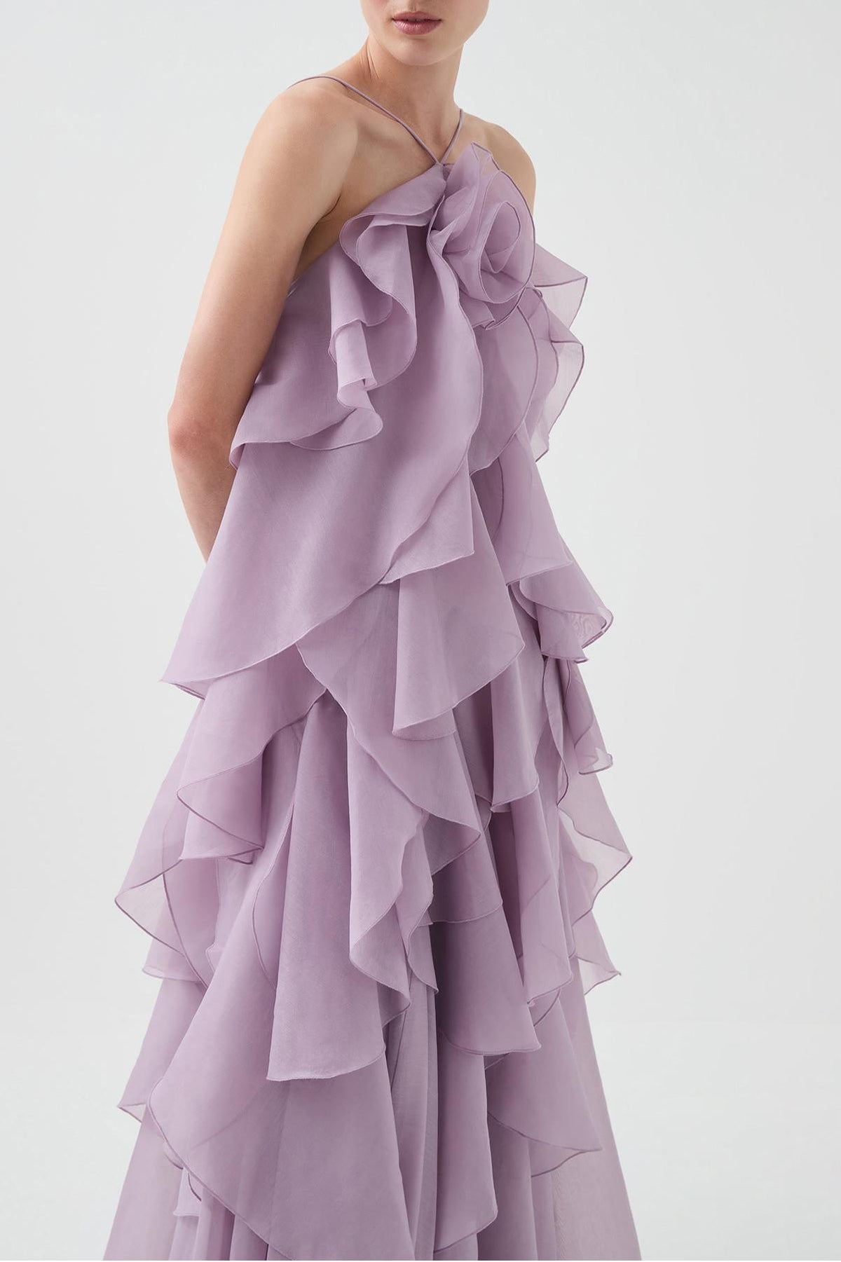 3D Flower Halter Neck Frill Maxi Dress