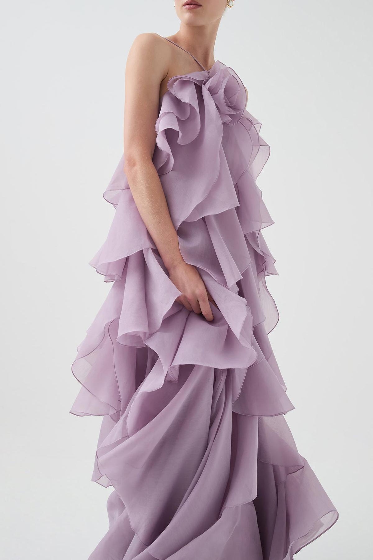 3D Flower Halter Neck Frill Maxi Dress