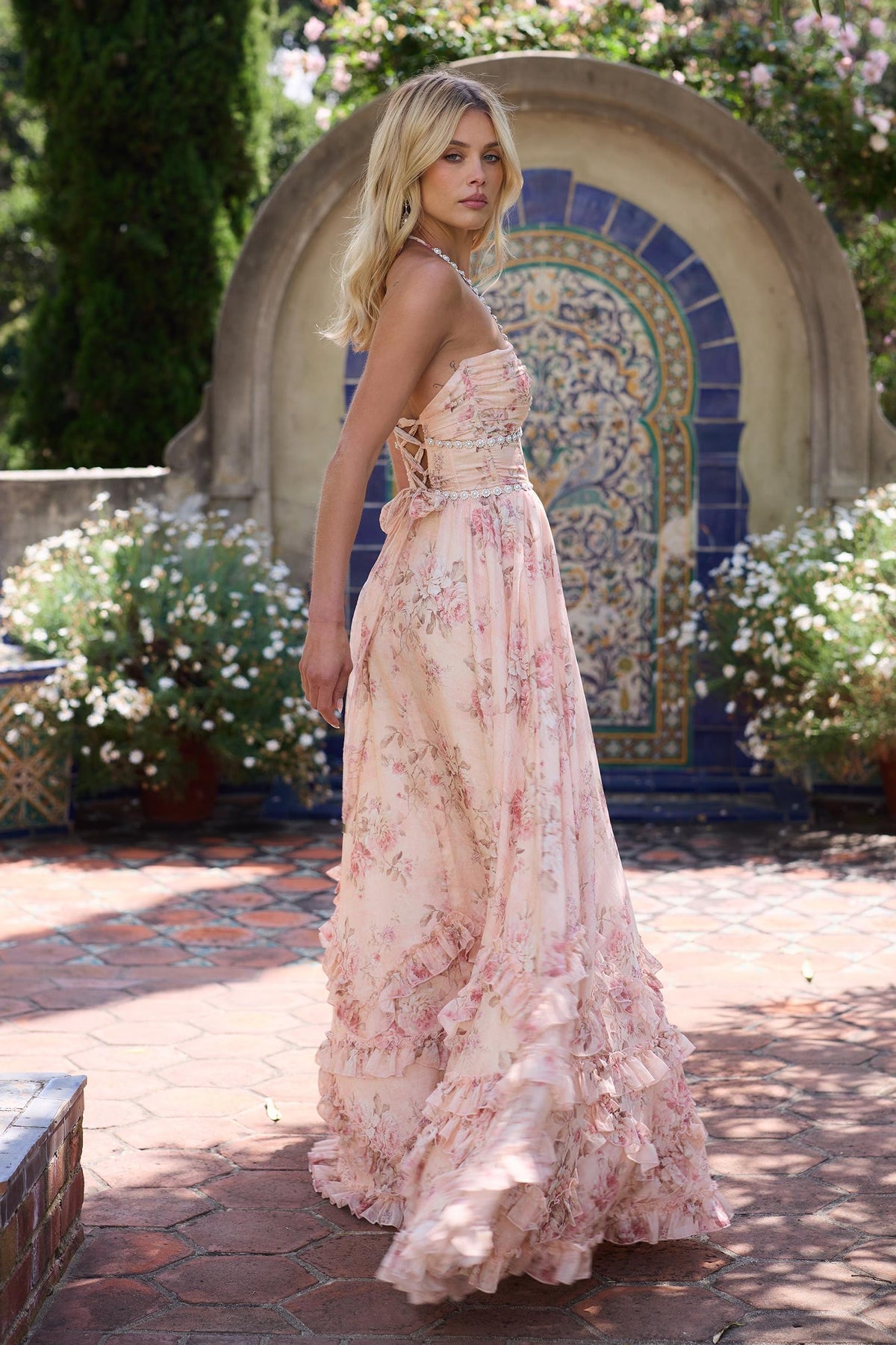 Floral Faux Pearl Frill Split Maxi Dress