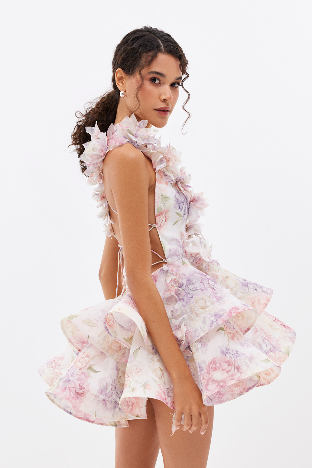 3D Flower Chiffon Ruffle Mini Dress