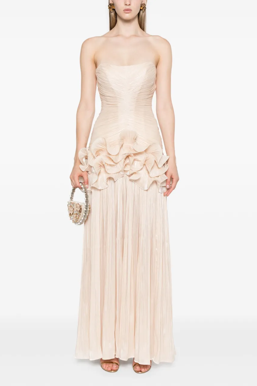 Solid Pleated Ruffle Maxi Dress