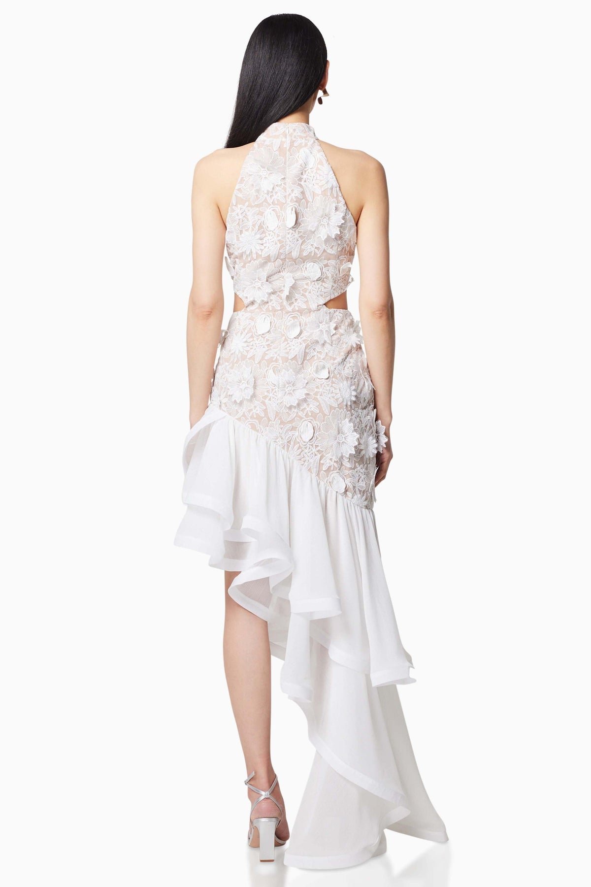 Ruffle Embroidered Halter Neck Midi Dress