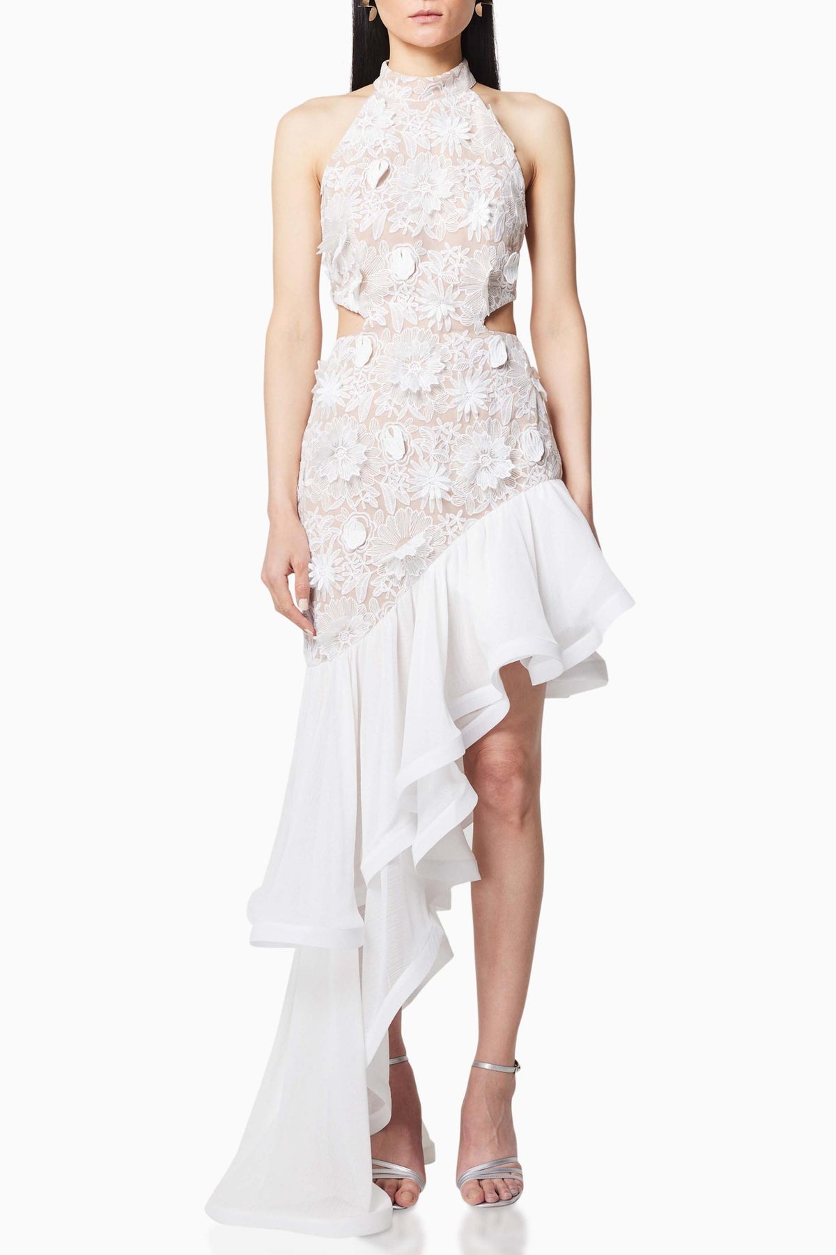 Ruffle Embroidered Halter Neck Midi Dress