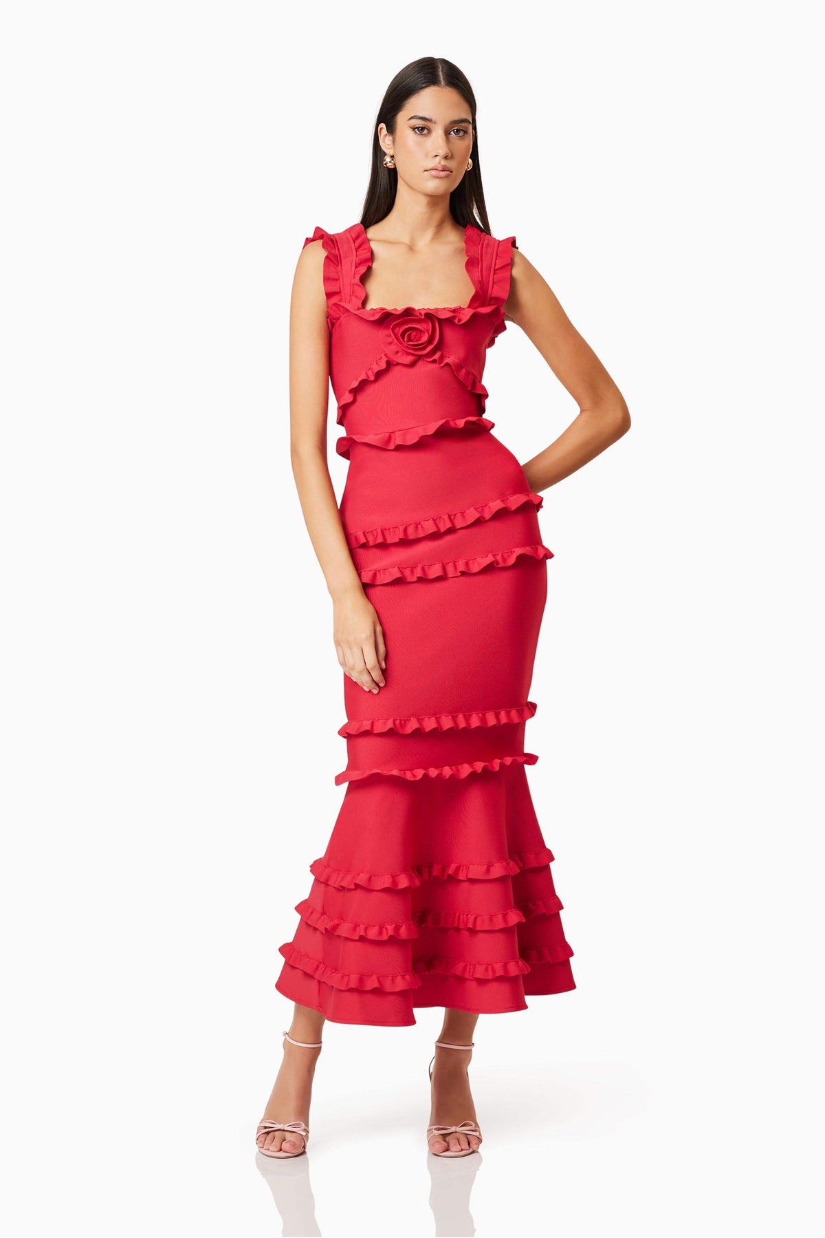 3D Flower Frill Slip Midi Dress