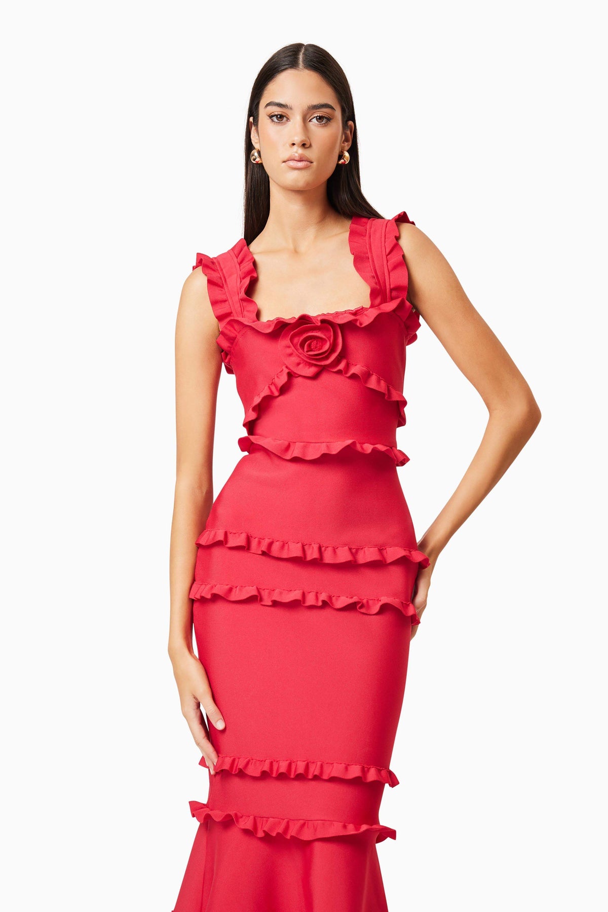 3D Flower Frill Slip Midi Dress