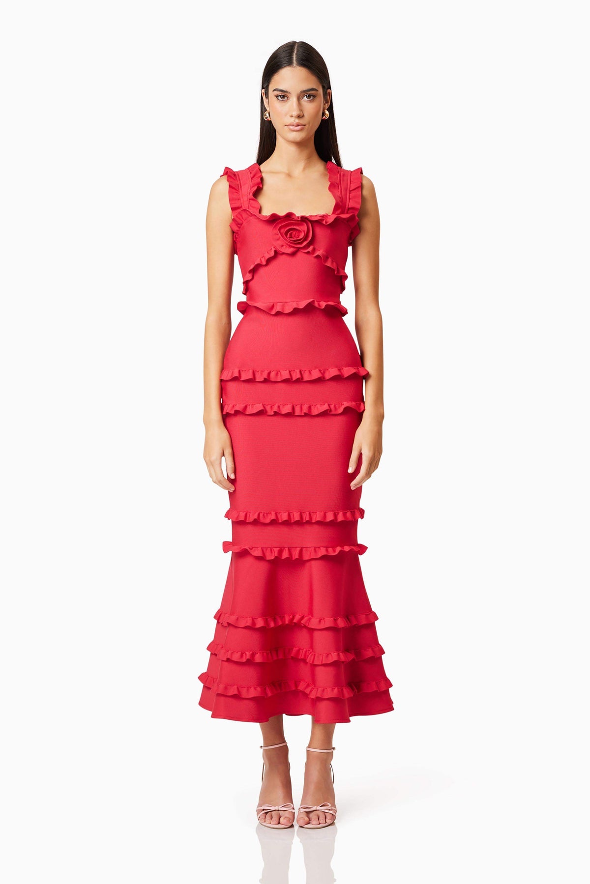 3D Flower Frill Slip Midi Dress