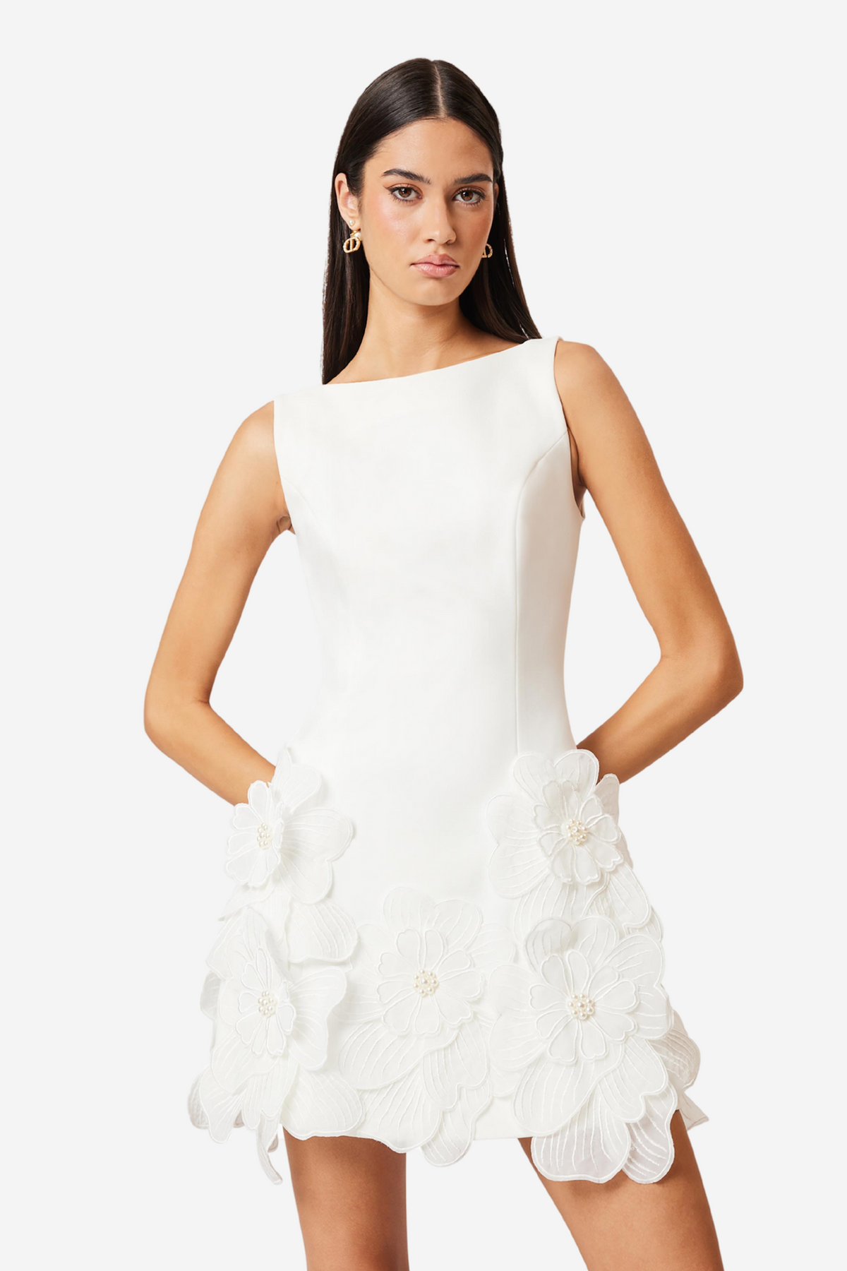 3D Flower Solid Round Neck Mini Dress