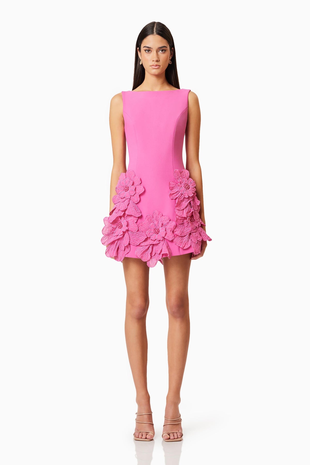 3D Flower Solid Round Neck Mini Dress