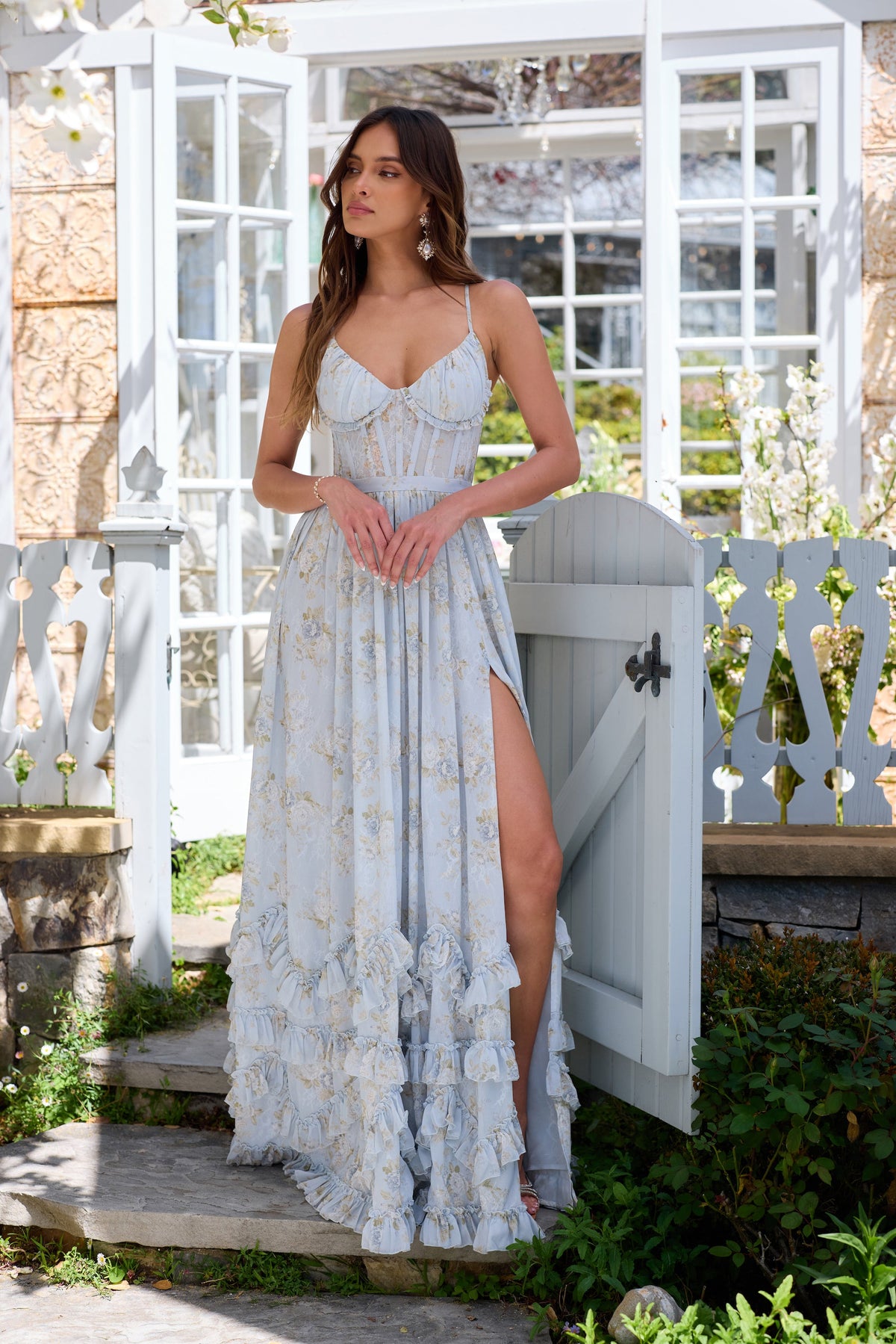 Floral Frill Split Maxi Dress