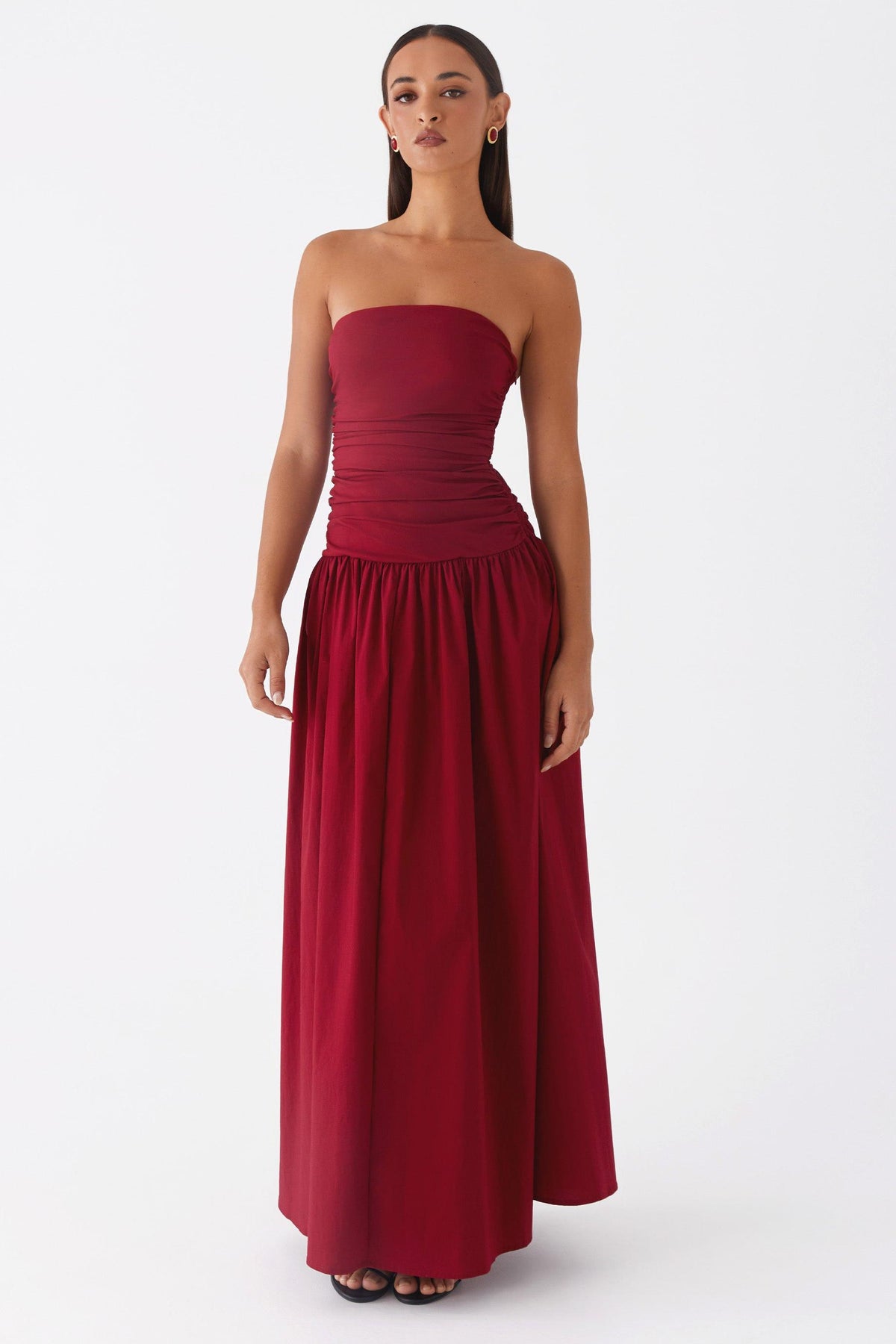 Solid Off-Shoulder Gathering Maxi Dress