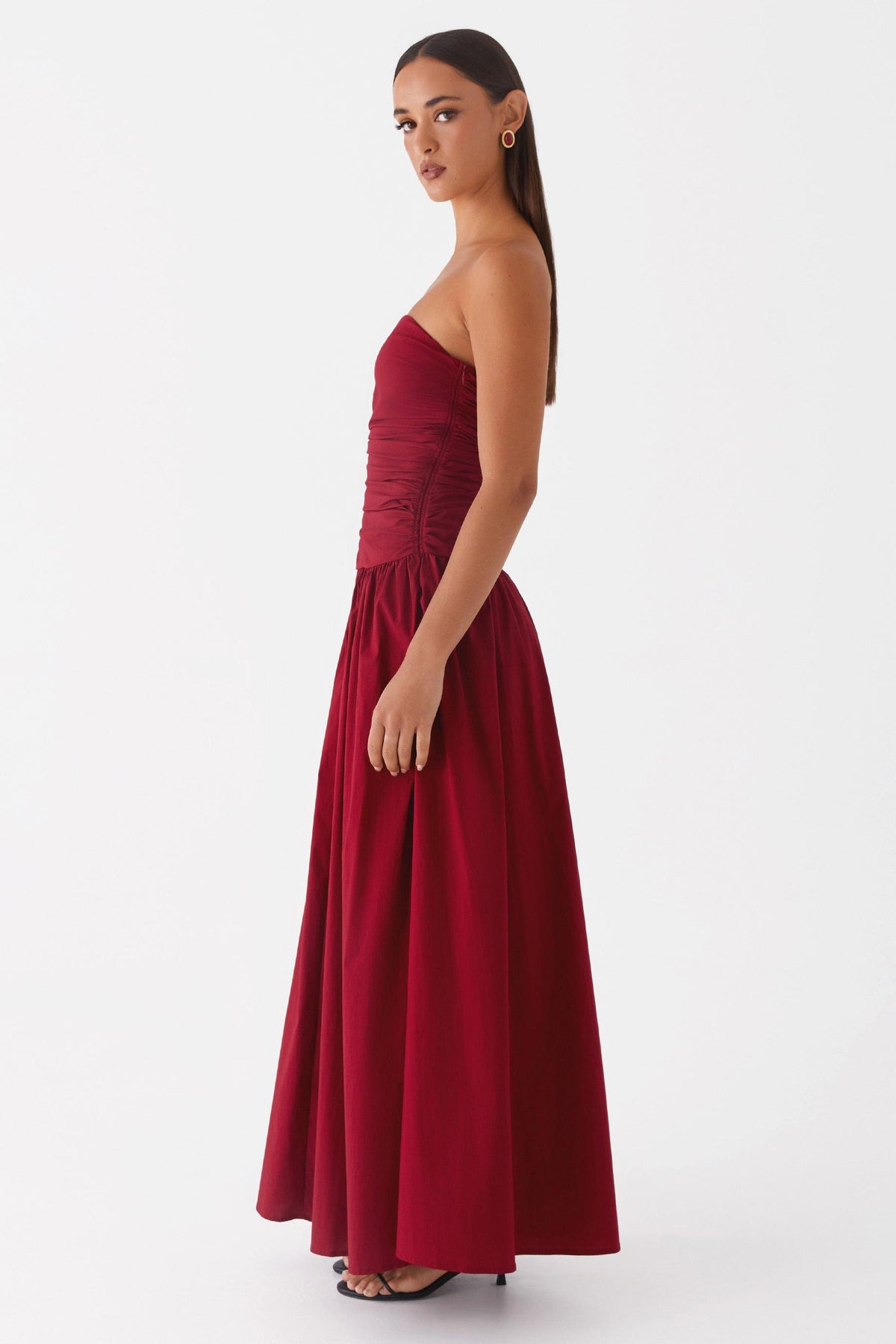 Solid Off-Shoulder Gathering Maxi Dress