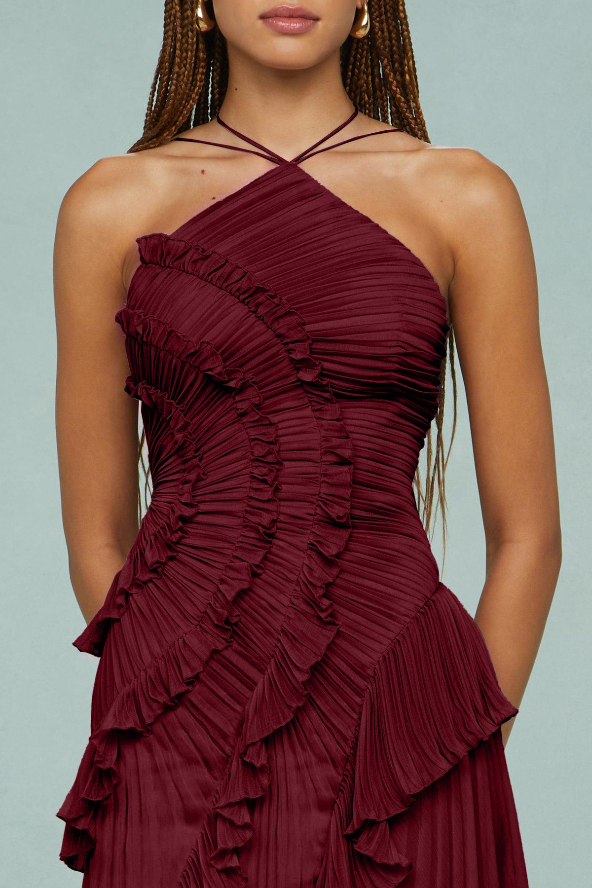 Pleated Frill Halter Neck Midi Dress