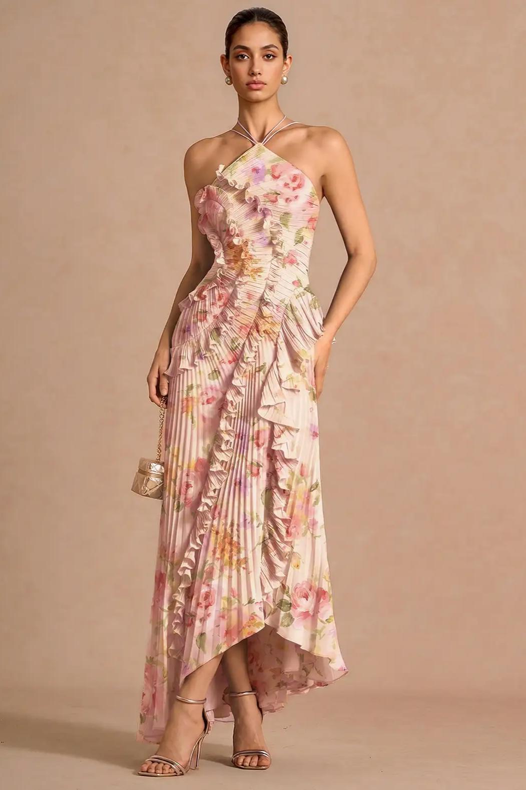 Pleated Frill Halter Neck Midi Dress