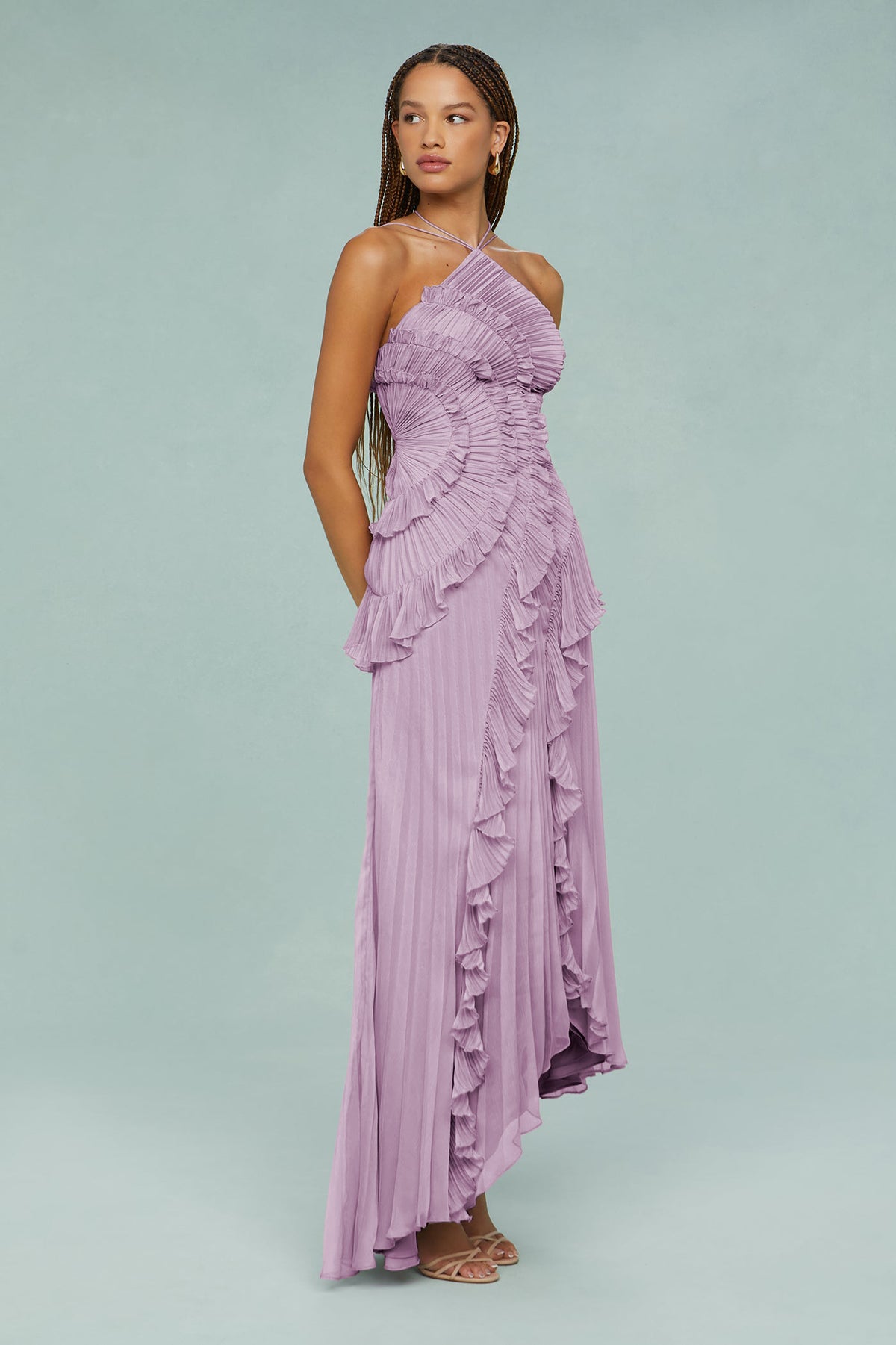Pleated Frill Halter Neck Midi Dress