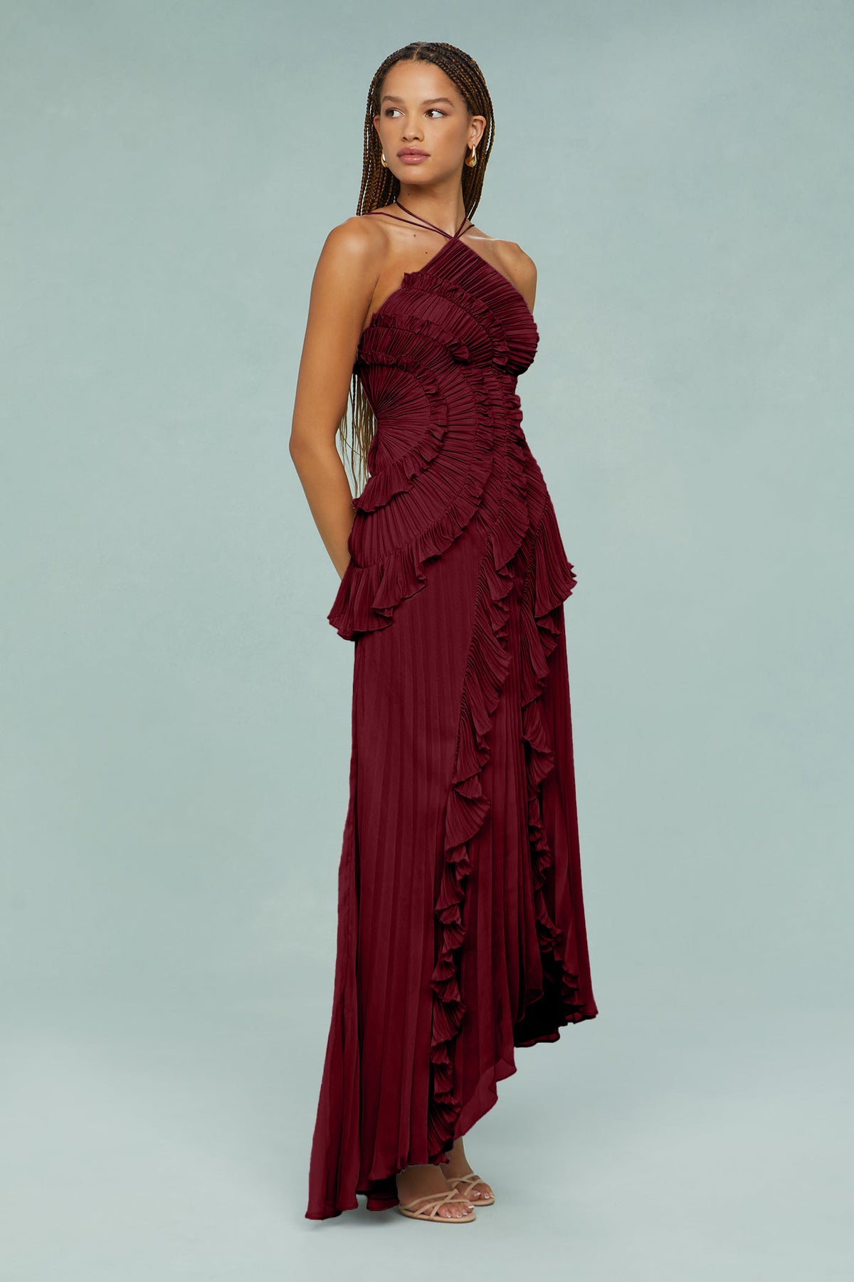 Pleated Frill Halter Neck Midi Dress