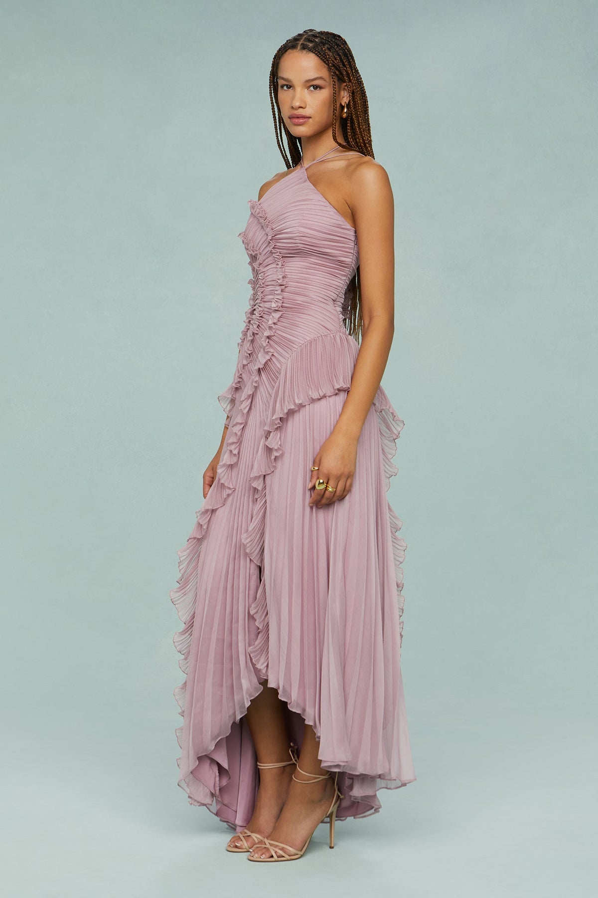 Pleated Frill Halter Neck Midi Dress