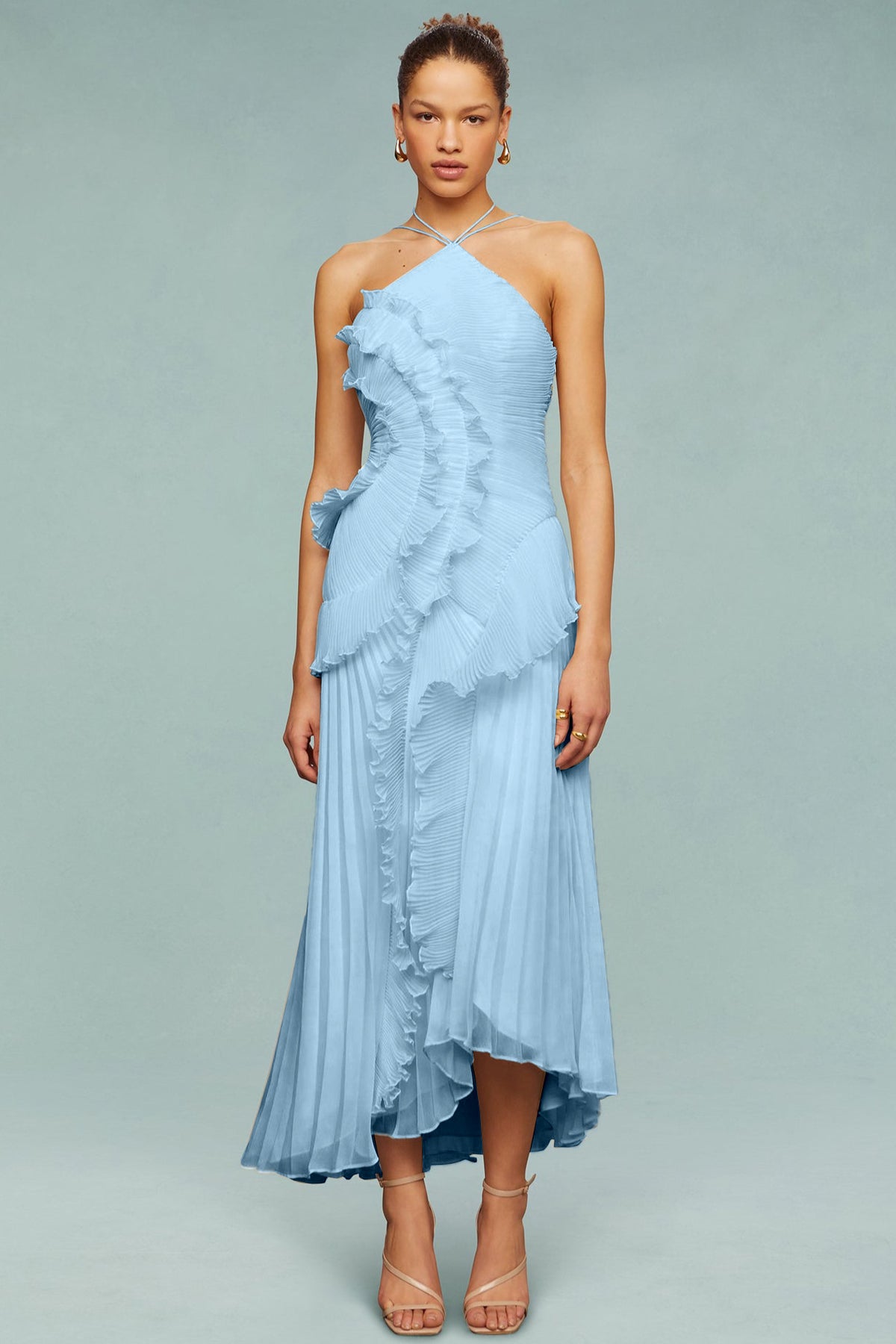 Pleated Frill Halter Neck Midi Dress