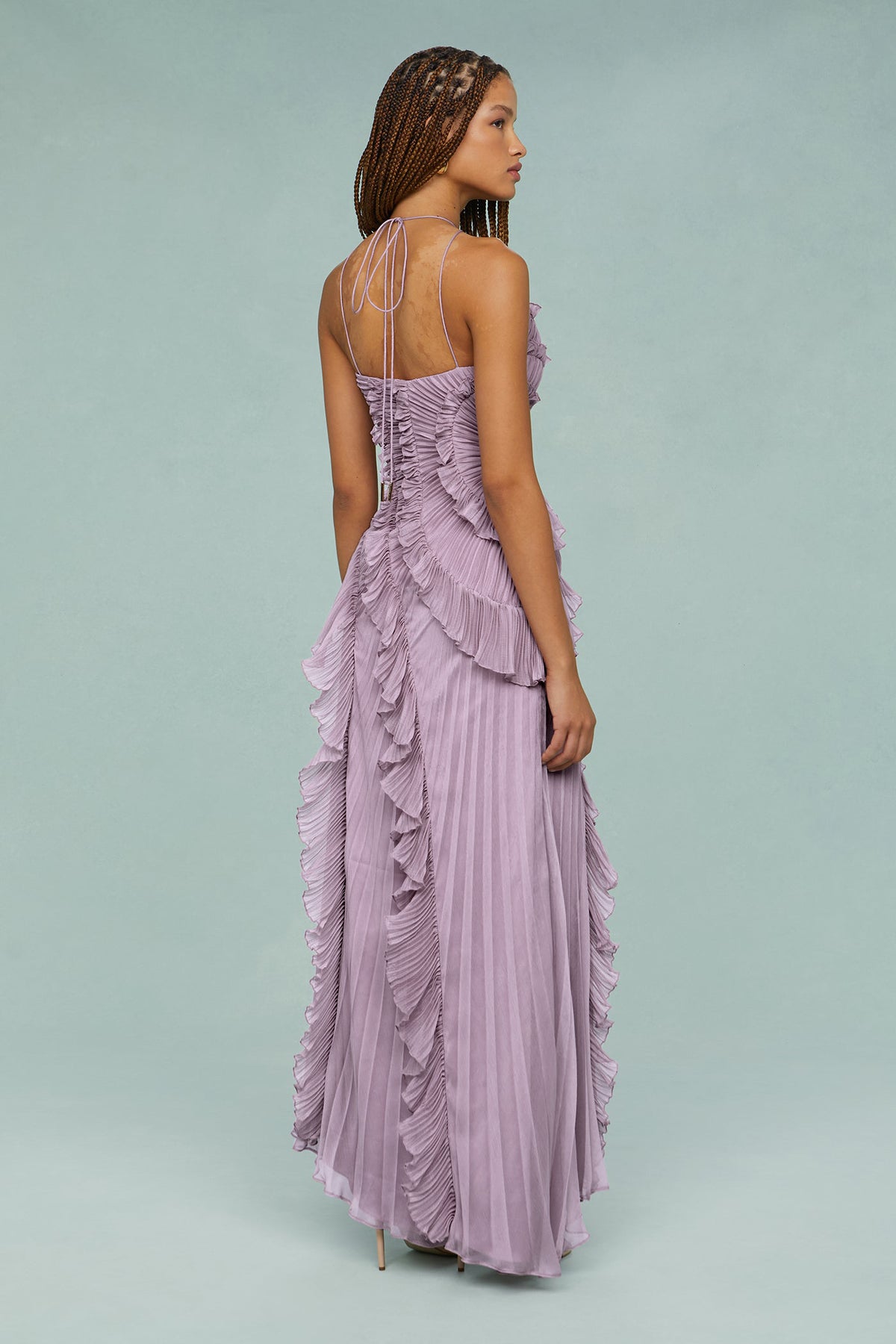 Pleated Frill Halter Neck Midi Dress