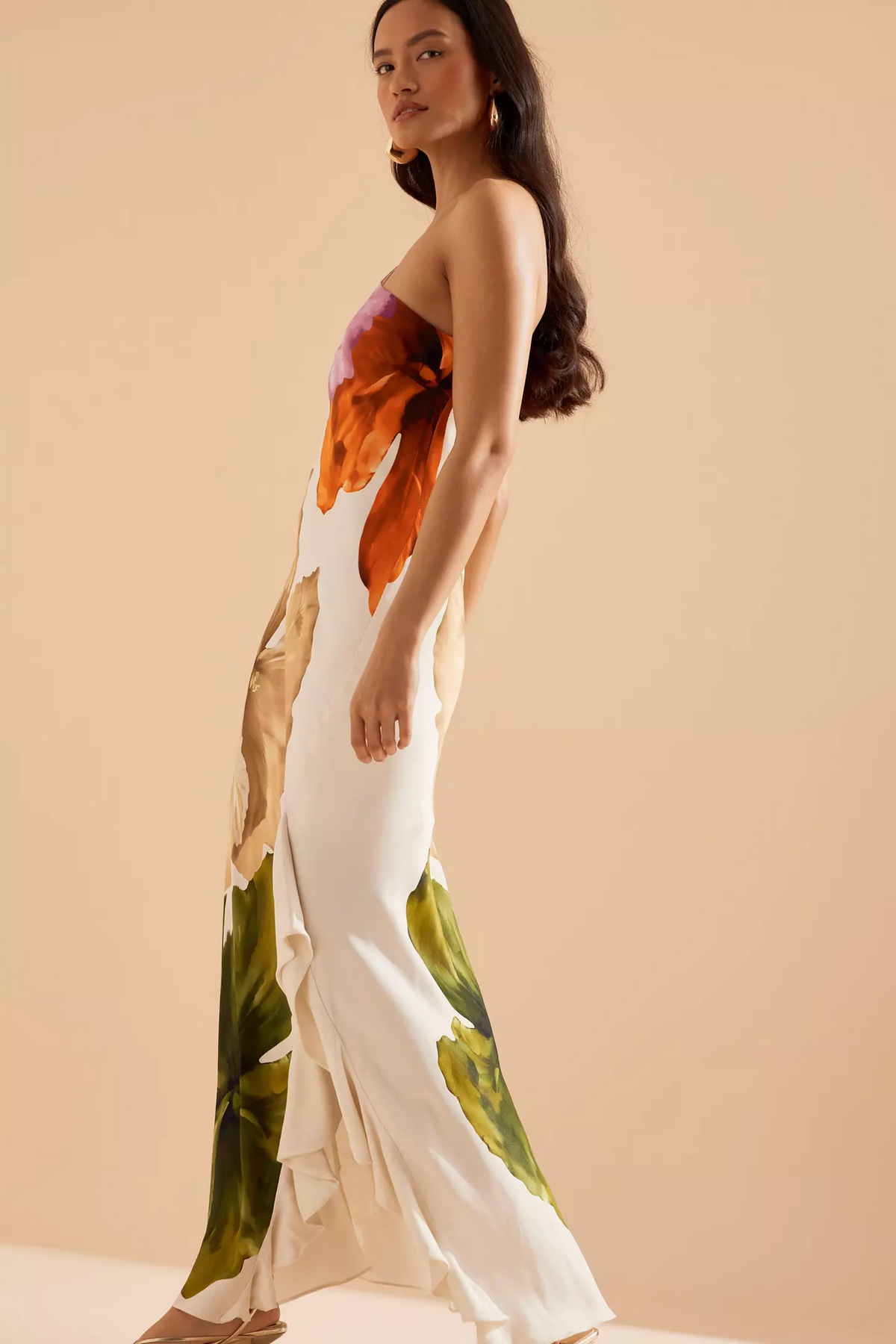 Floral Ruffle One-Shoulder Midi Dress