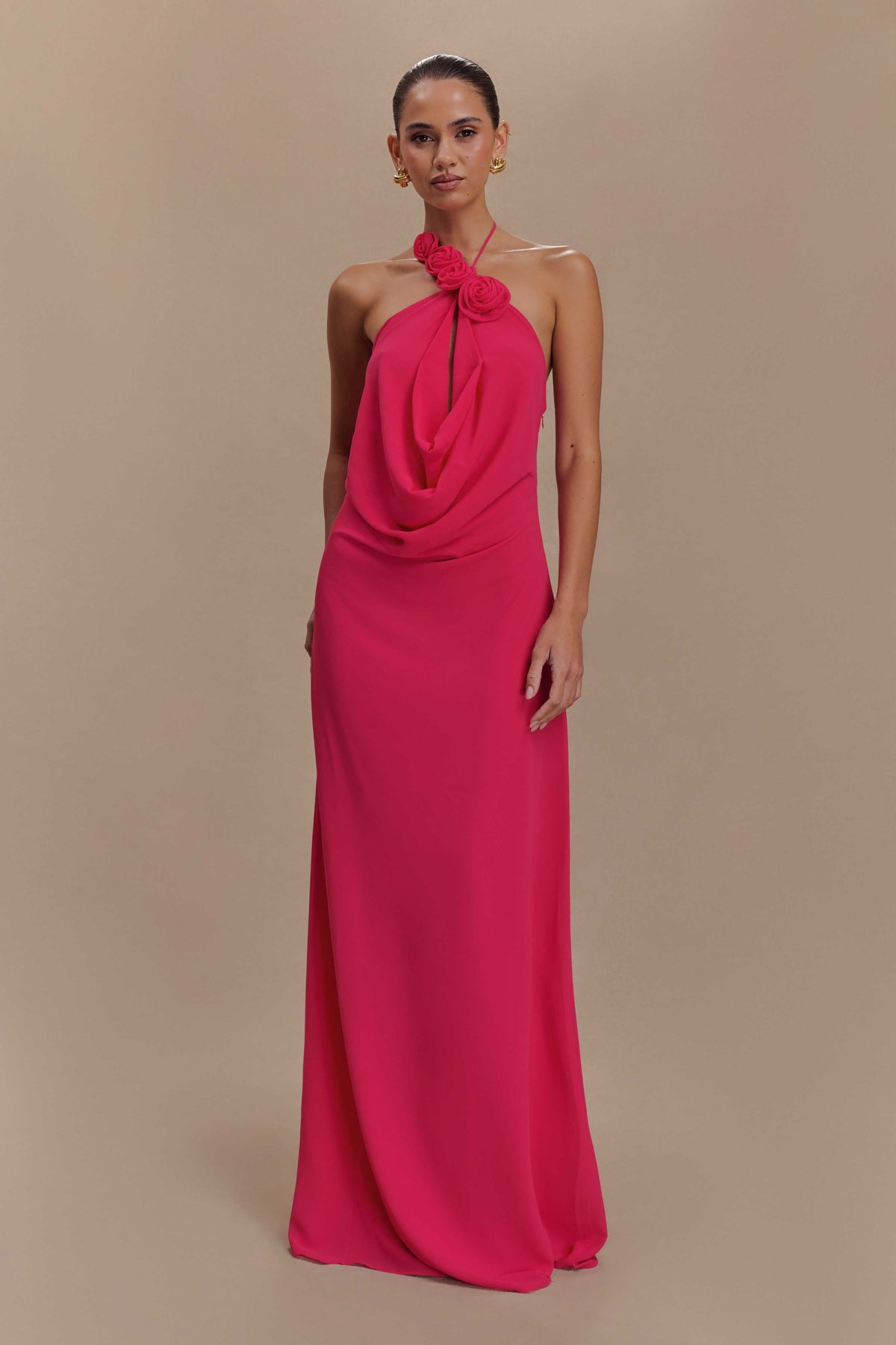 3D Flower Chiffon Halter Neck Maxi Dress