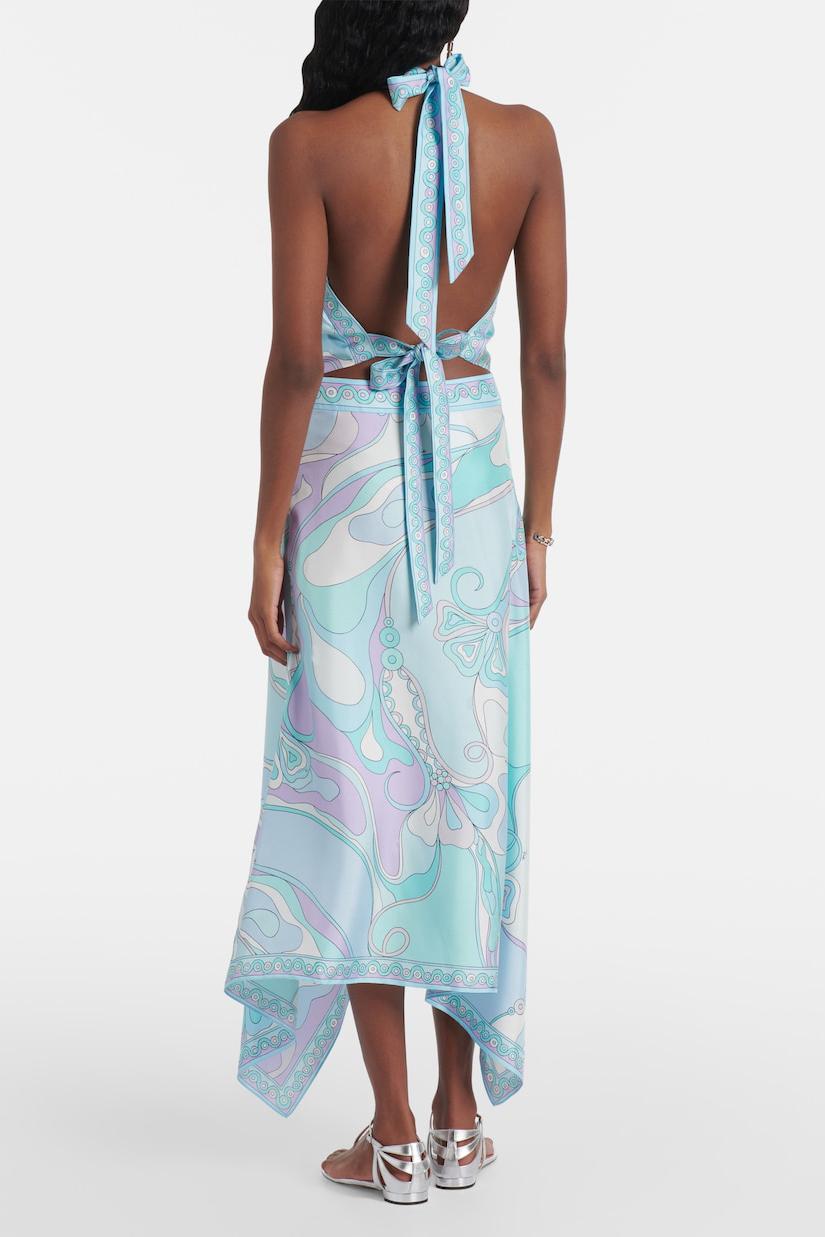 Satin Halter Neck Mini Top & Abstract Print Mid Waist Midi Skirt Set