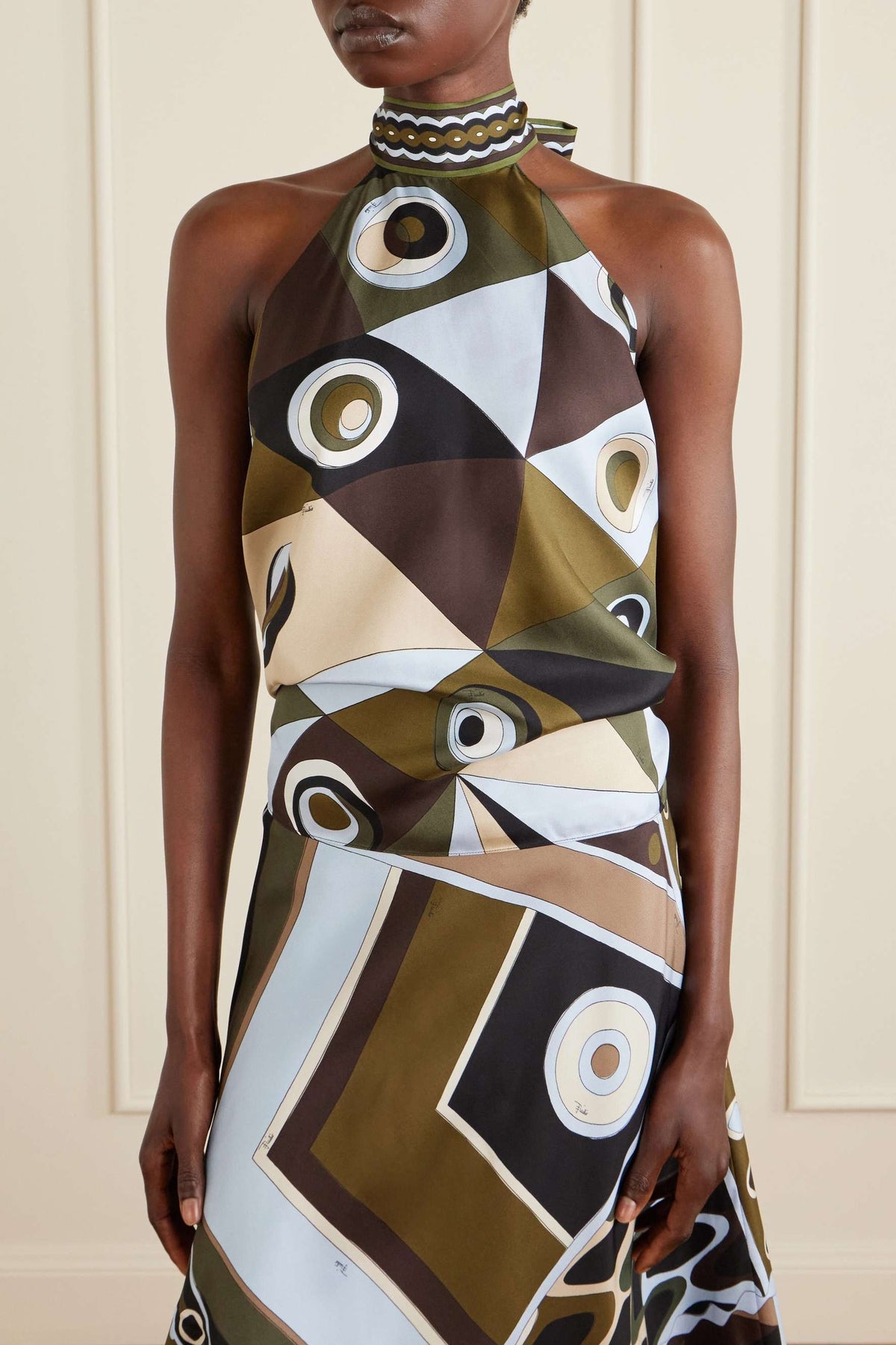 Satin Halter Neck Mini Top & Abstract Print Mid Waist Midi Skirt Set