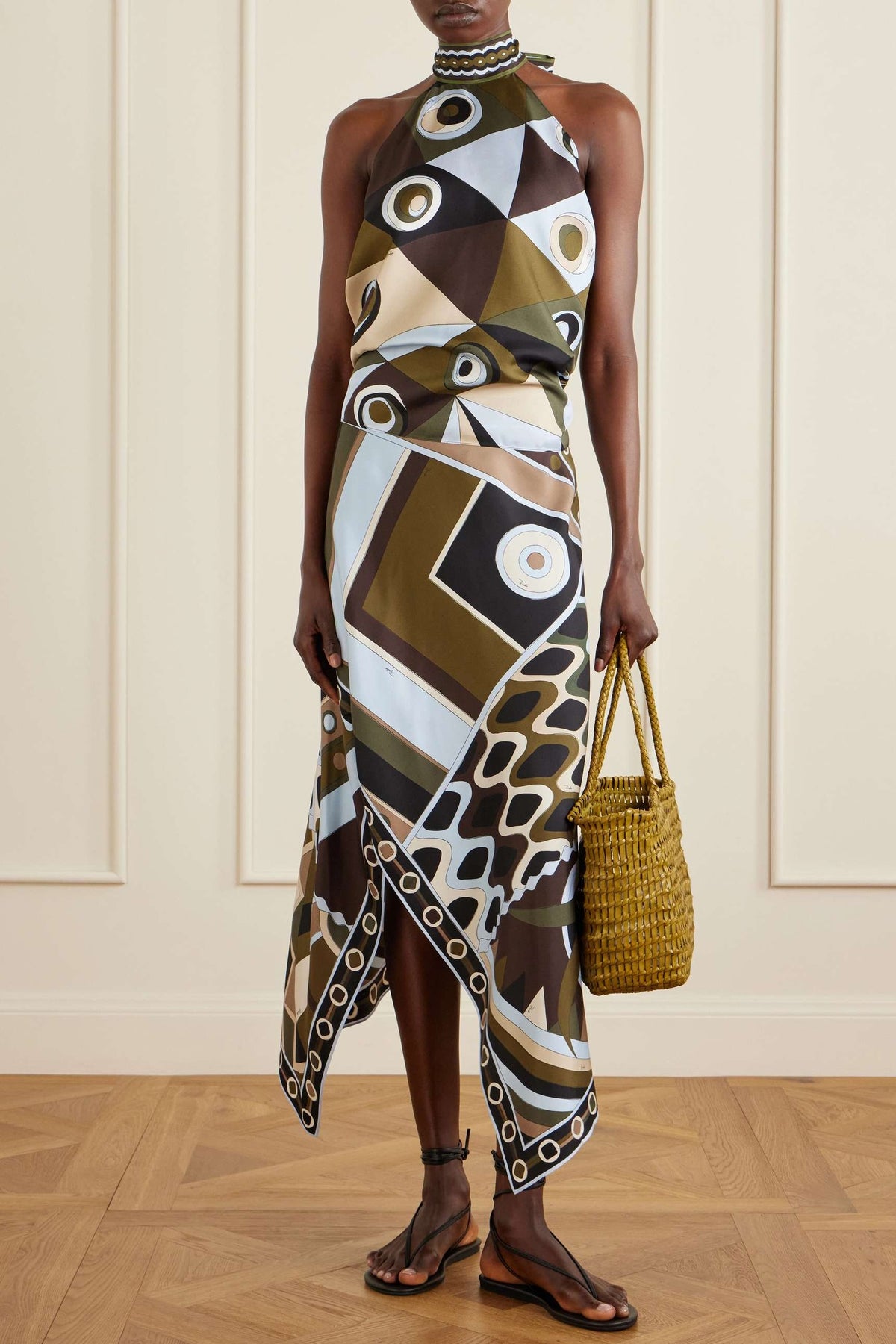 Satin Halter Neck Mini Top & Abstract Print Mid Waist Midi Skirt Set