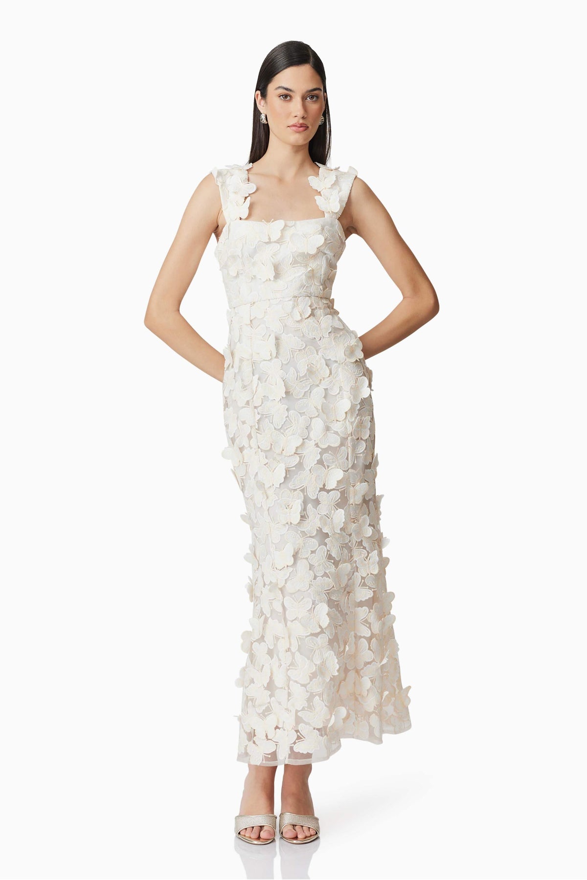 Butterfly Embroidered Square Collar  Midi Dress