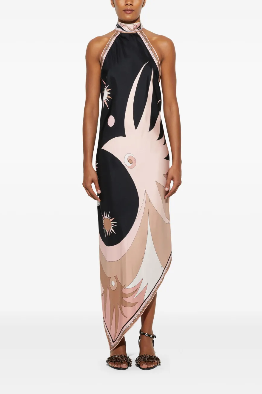 Scarf Print Satin Halter Neck Midi Dress