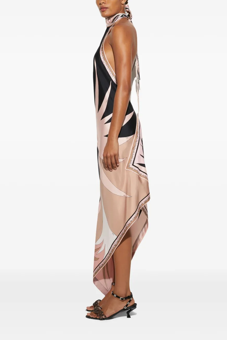Scarf Print Satin Halter Neck Midi Dress