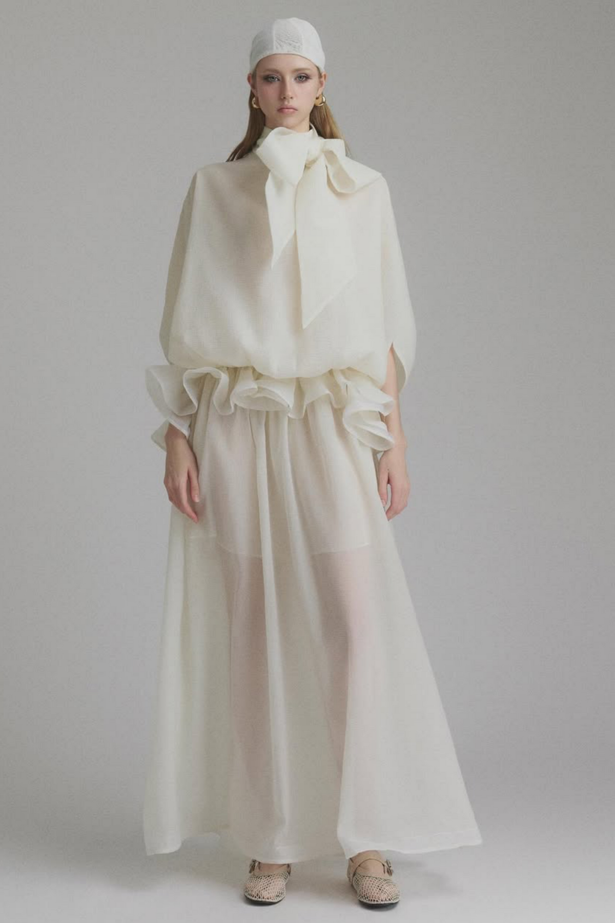 Tie-Neck Ruffled Solid Maxi Dress