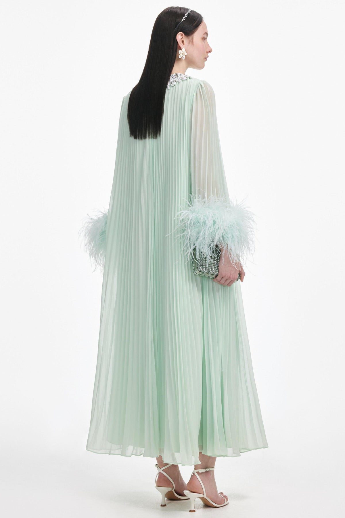 Rivet Feather Splicing Round Neck Midi Dress