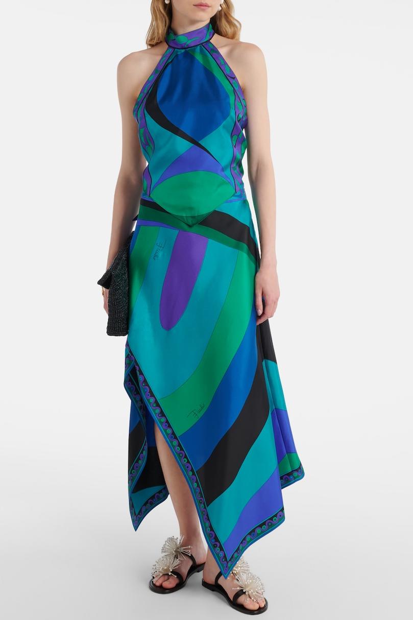 Satin Halter Neck Mini Top & Abstract Print Mid Waist Midi Skirt Set