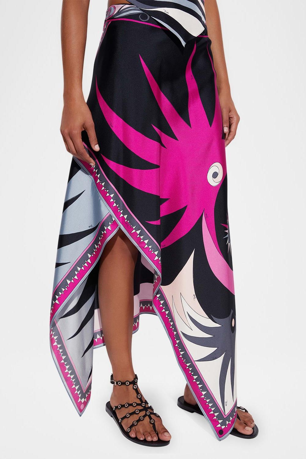 Satin Halter Neck Mini Top & Abstract Print Mid Waist Midi Skirt Set
