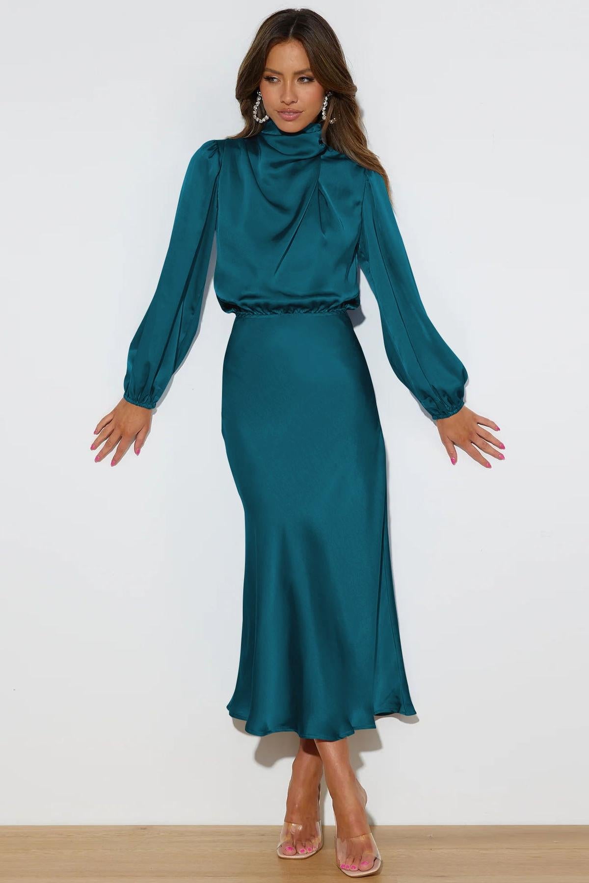 Satin High Neck Long Sleeve Midi Dress