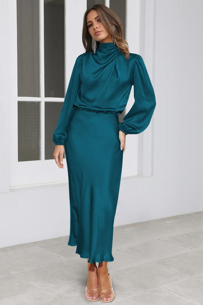 Satin High Neck Long Sleeve Midi Dress