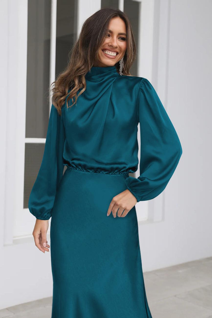 Satin High Neck Long Sleeve Midi Dress