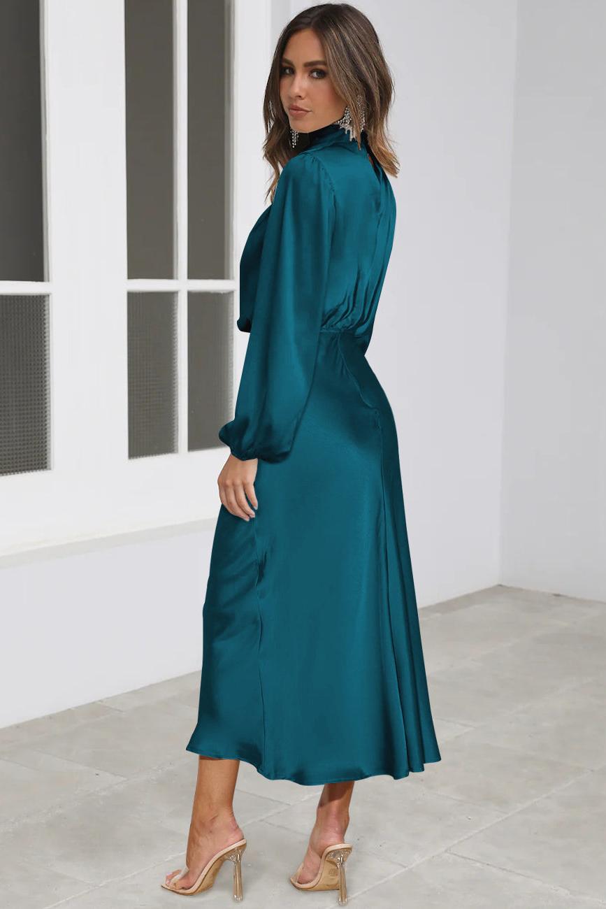 Satin High Neck Long Sleeve Midi Dress