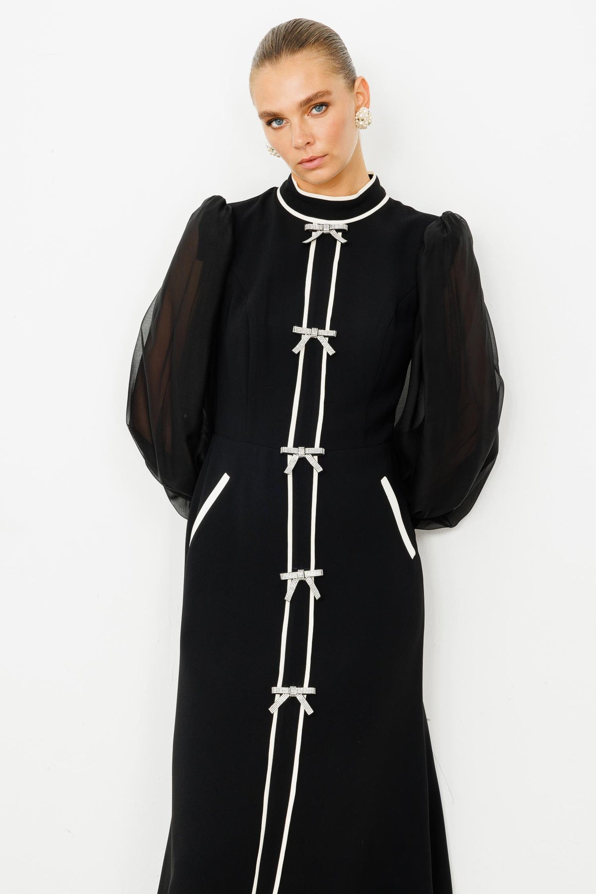 Rhinestone Bow Contrast Color Midi Dress