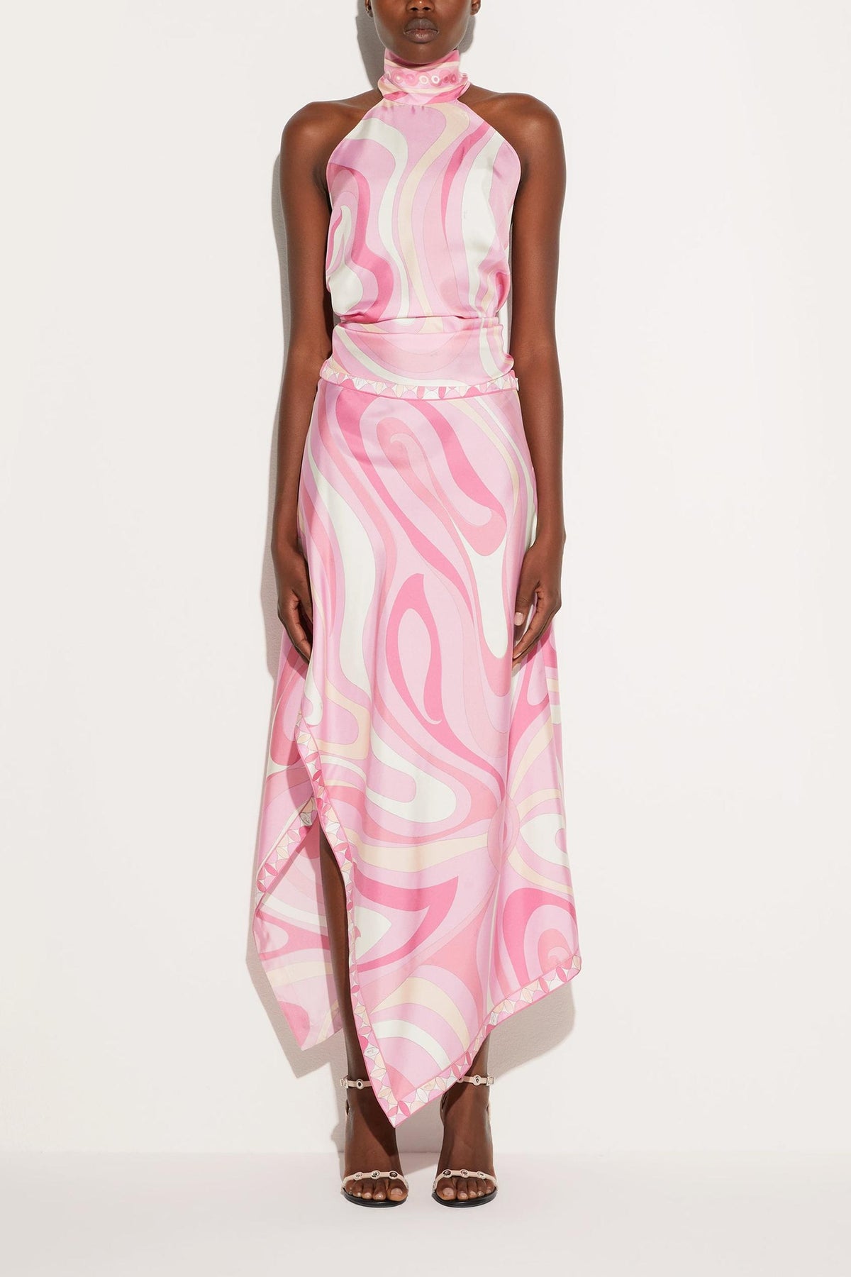 Satin Halter Neck Mini Top & Abstract Print Mid Waist Midi Skirt Set