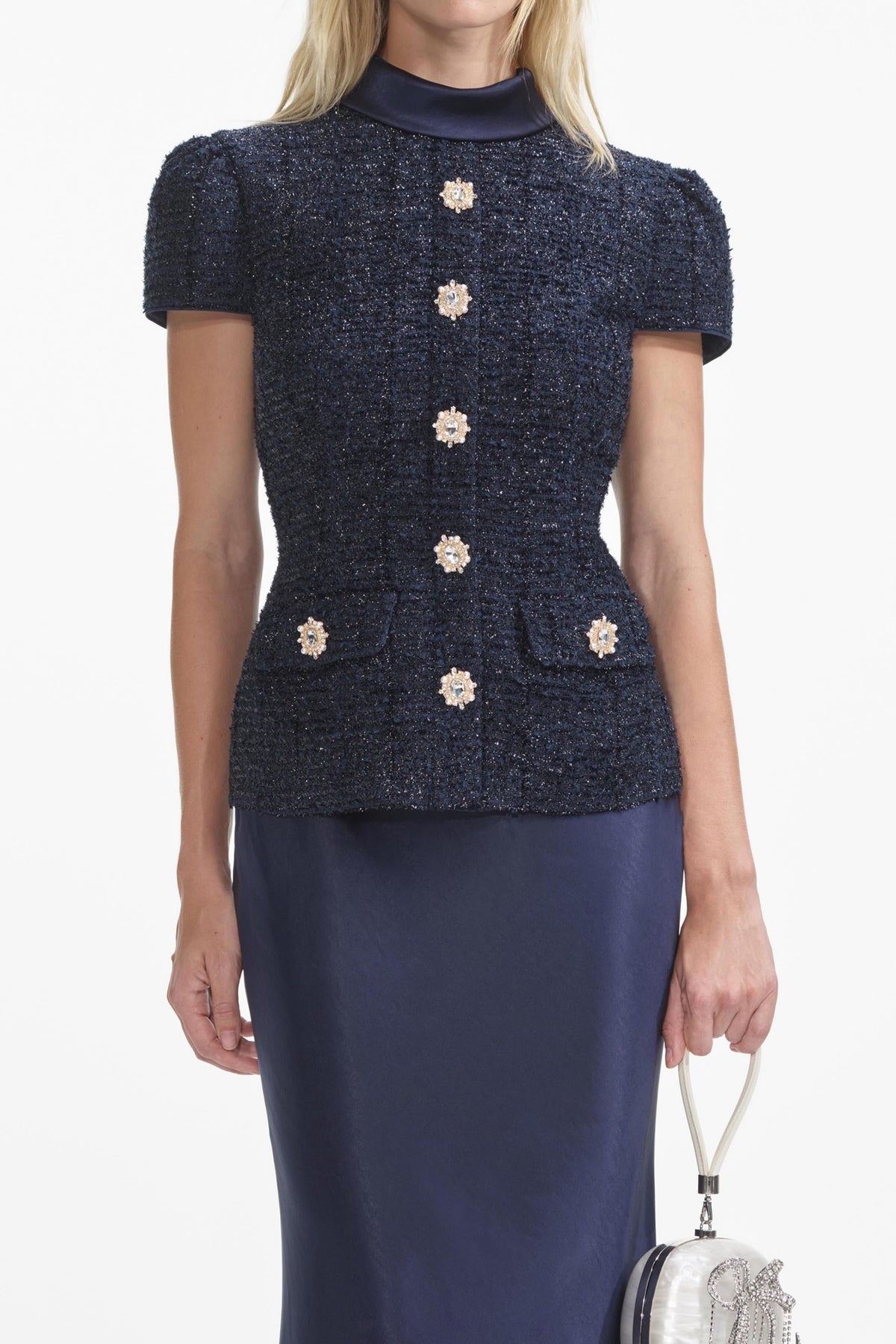 Rivet Stand Collar Top & Satin High Waist Midi Skirt Set