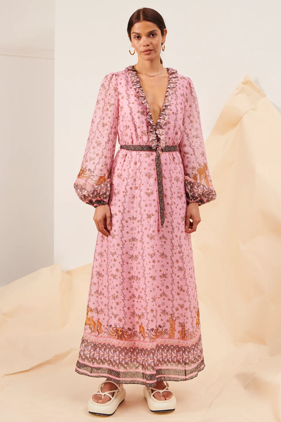FLoral V-Neck Frill Midi Dress With Belt