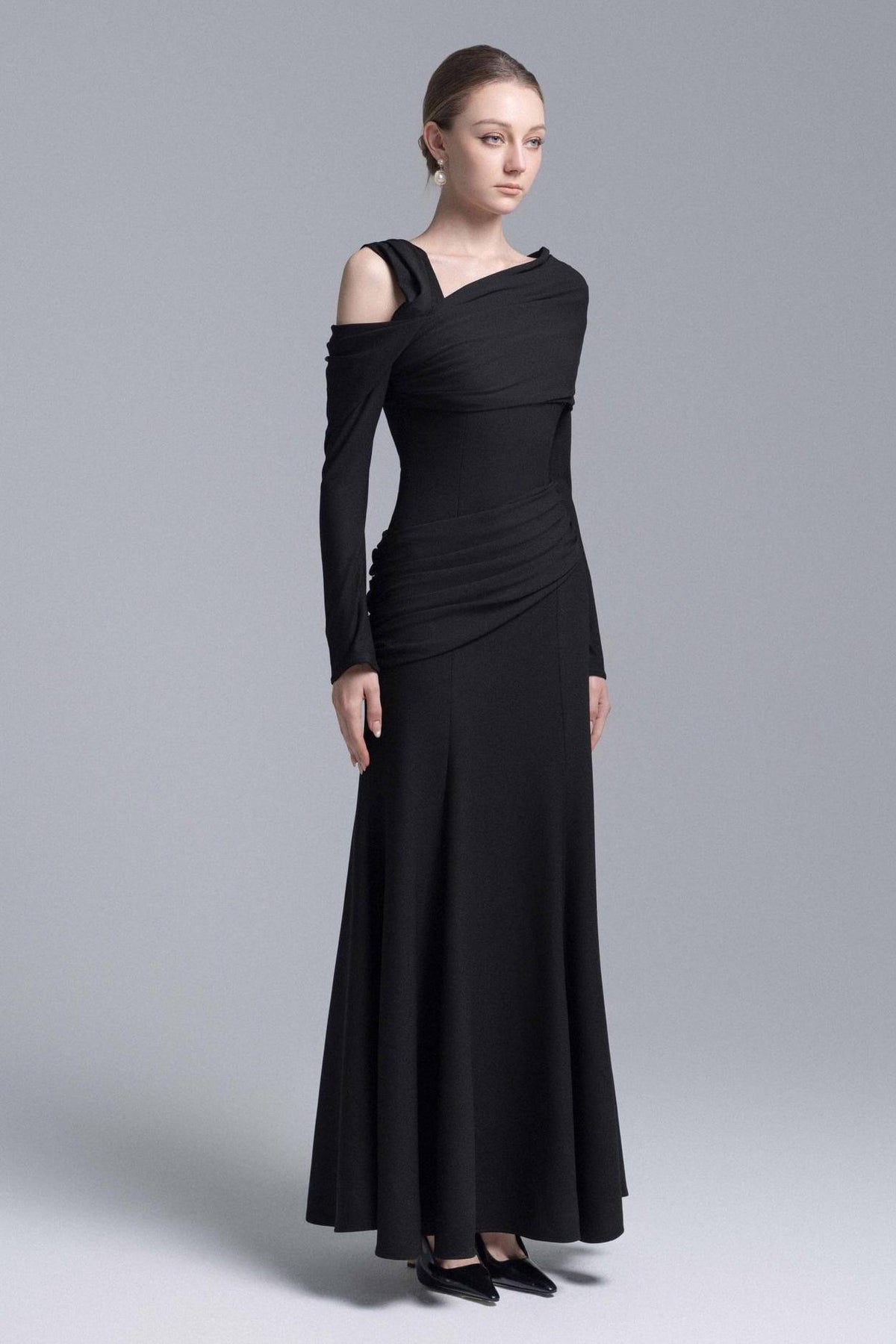 Jersey Asymmetrical Neck Gathering Maxi Dress