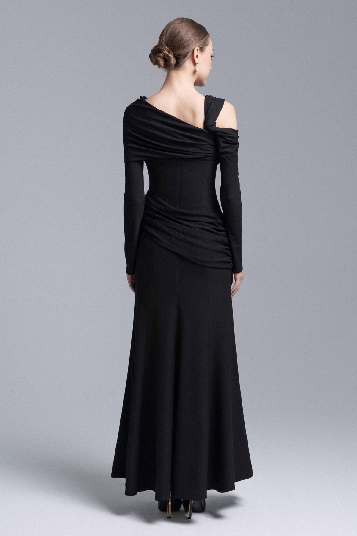 Jersey Asymmetrical Neck Gathering Maxi Dress