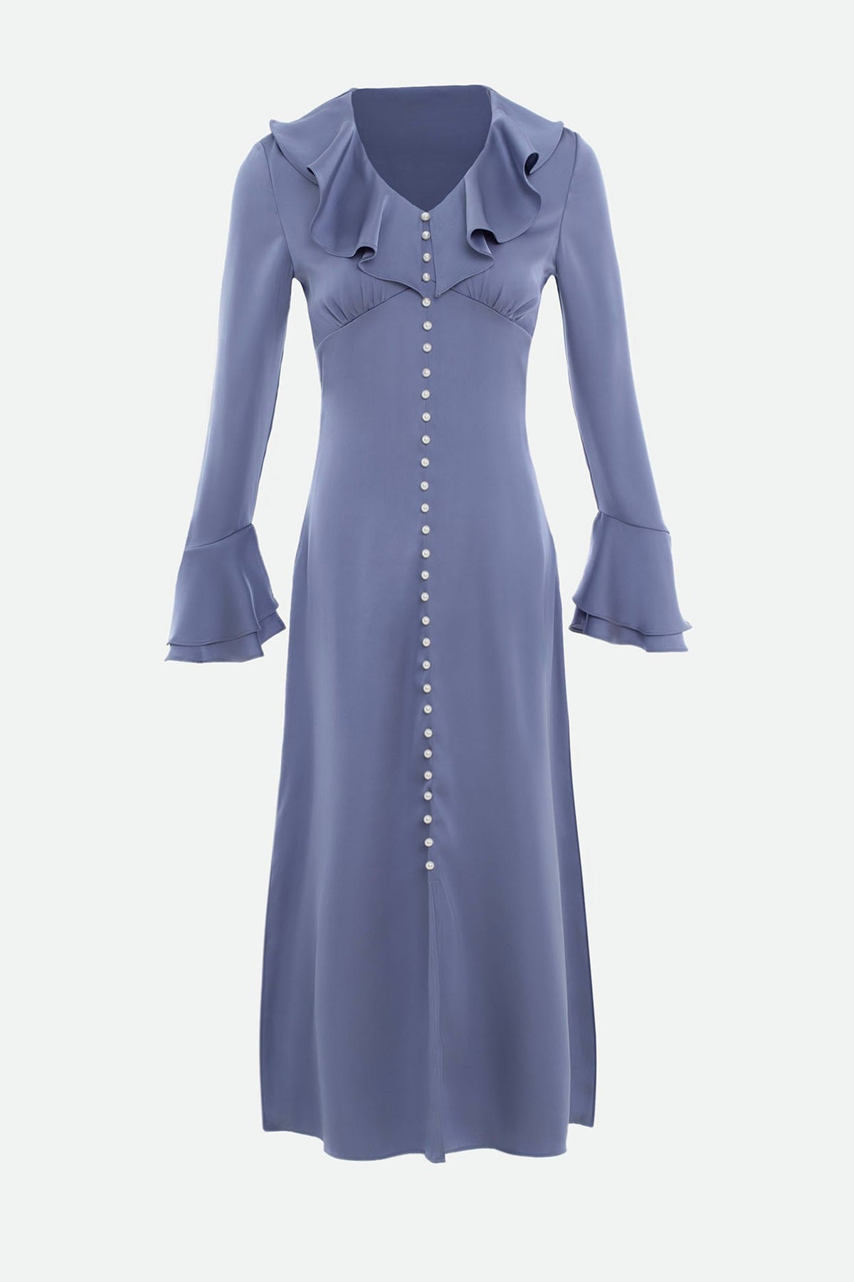 Solid Ruffle Faux Pearl Midi Dress